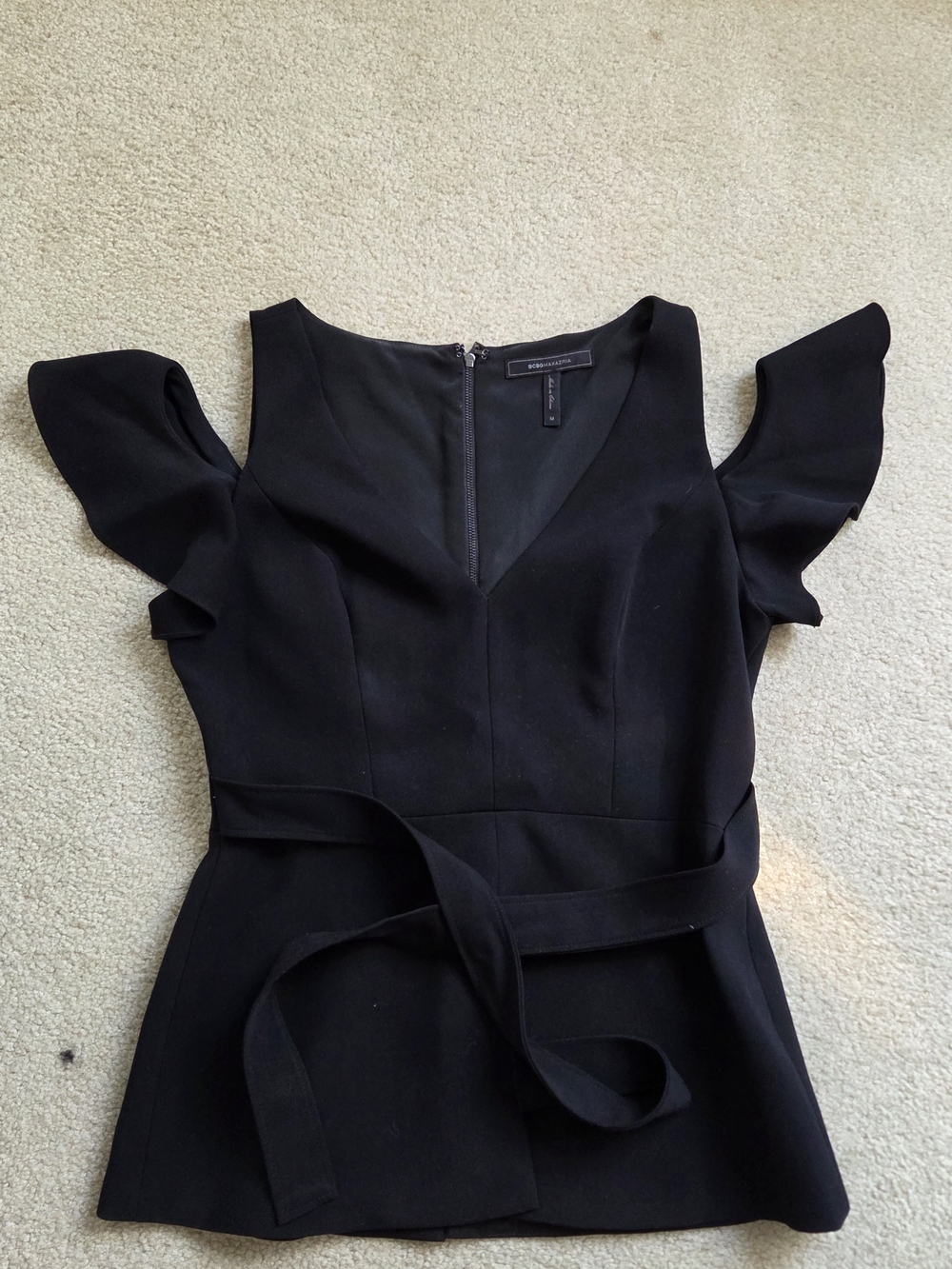 BCBGMaxAzria Black Ruffle-Sleeve Tie-Waist Peplum Top
